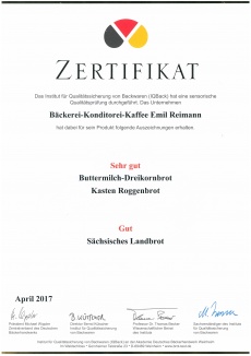 IQBack-Zertifikat “Sehr gut” für das Emil Reimann Buttermilch-Dreikornbrot und das Kasten Roggenbrot